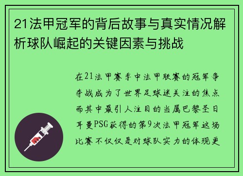 21法甲冠军的背后故事与真实情况解析球队崛起的关键因素与挑战 21法甲冠军的背后故事与真实情况解析球队崛起的关键因素与挑战