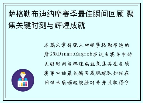 萨格勒布迪纳摩赛季最佳瞬间回顾 聚焦关键时刻与辉煌成就 萨格勒布迪纳摩赛季最佳瞬间回顾 聚焦关键时刻与辉煌成就