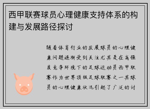西甲联赛球员心理健康支持体系的构建与发展路径探讨