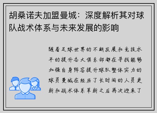 胡桑诺夫加盟曼城：深度解析其对球队战术体系与未来发展的影响